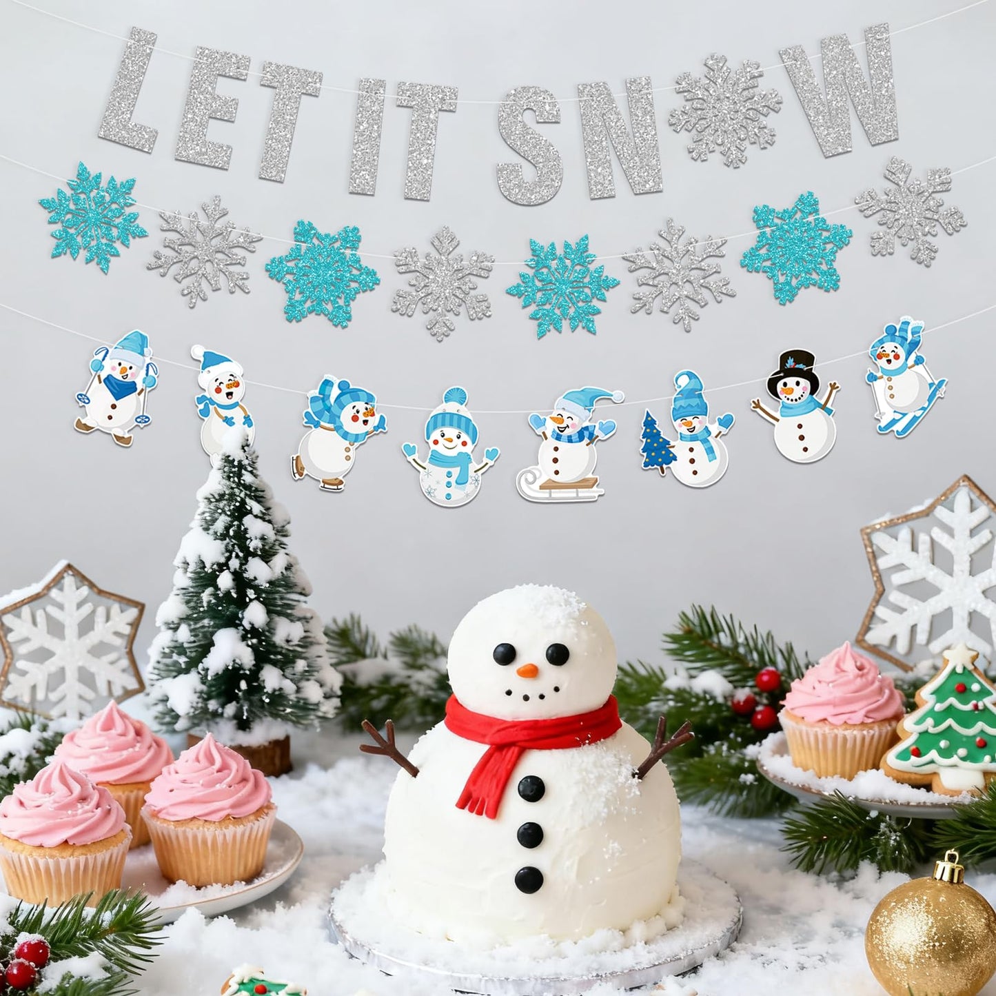 Winter Wonderland Decorations,3Pcs Pre-Strung Glitter Let It Snow Banner Sign,Snowflake Banner,Snowman Garland for Christmas Holiday Party Decorations,Winter Decorations for Home,Wall Indoor Mantle