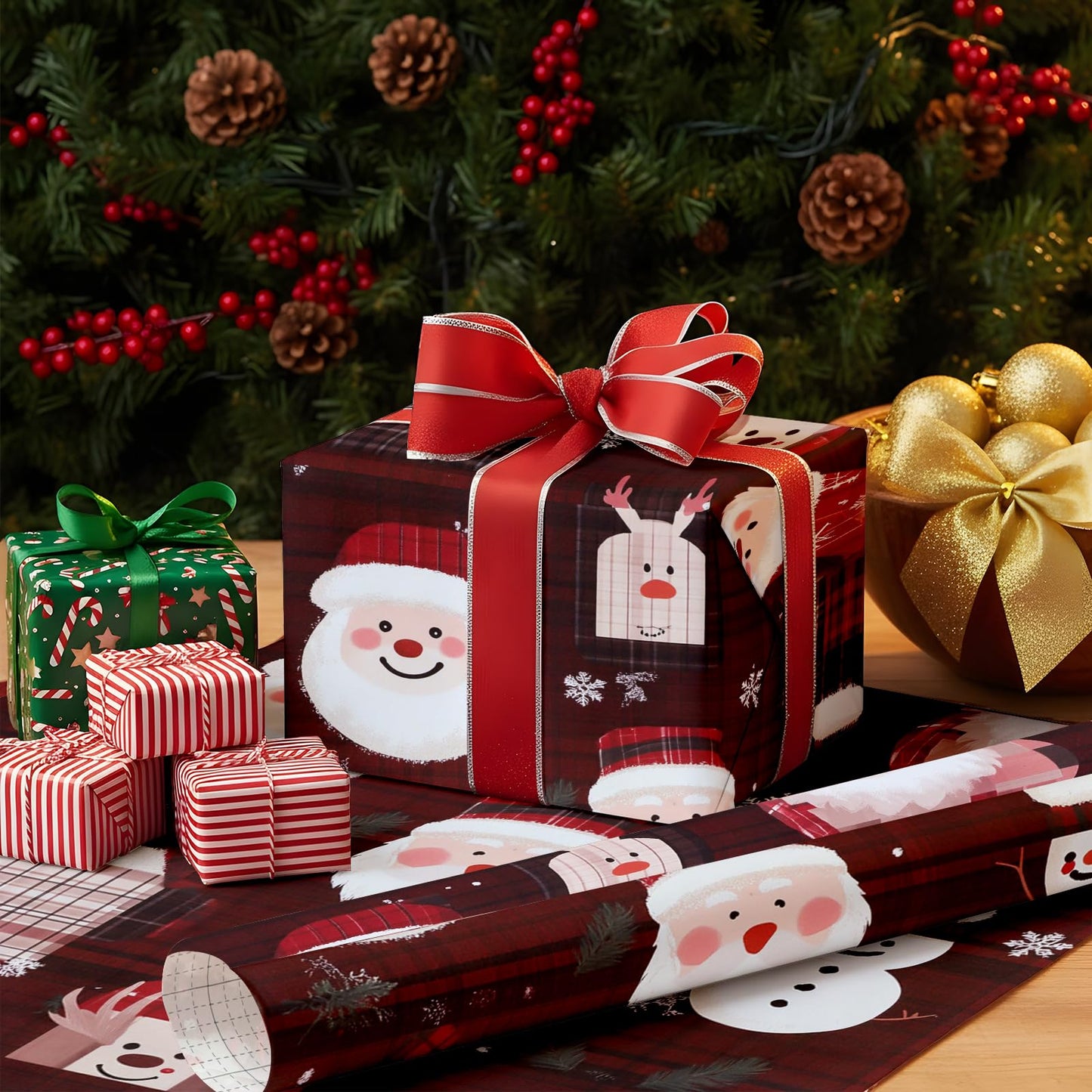 Timeet Christmas Peel and Stick Wallpaper Santa Claus & Snowman Contact Paper Red Plaid Holiday Wall Paper Decor Removable Self-Adhesive Wallpaper Vinyl Christmas Decoration 17" x 196.8"