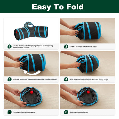 Love's cabin Cat Tunnel Tube Toys 3 Way Collapsible, Cat Tunnels for Indoor Cats，Kitten Tunnel Bored Pet Play Tunnel with Peek Hole Toy Ball for Kitty, Kitten, Rabbit, Puppy Blue