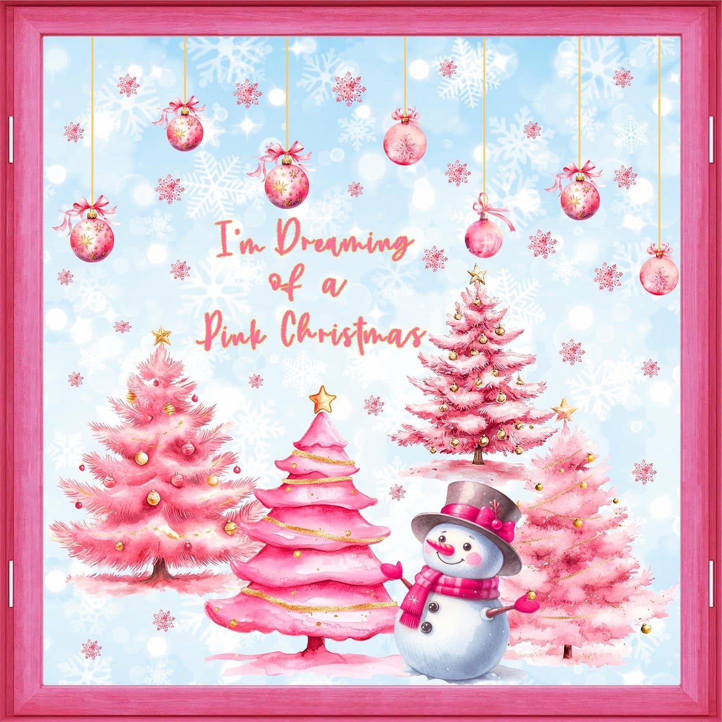 Pink Christmas Window Clings Double-Sided Christmas Tree Windows Decoration Stickers Indoor Xmas Pine Tree Window Decals for Glass Snowman Snowflakes Decals for Winter Holiday Party Supply