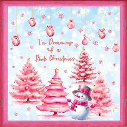 Pink Christmas Window Clings Double-Sided Christmas Tree Windows Decoration Stickers Indoor Xmas Pine Tree Window Decals for Glass Snowman Snowflakes Decals for Winter Holiday Party Supply
