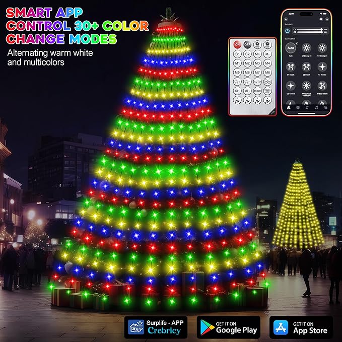 30+ Modes Ring Christmas Tree Lights Indoor Outdoor - 7.5Ft x 12 Lines 336 LED Easy App Control Color Changing Timer Remote Waterproof for 6 7 Ft Xmas Trees (Cool White to Multicolor)