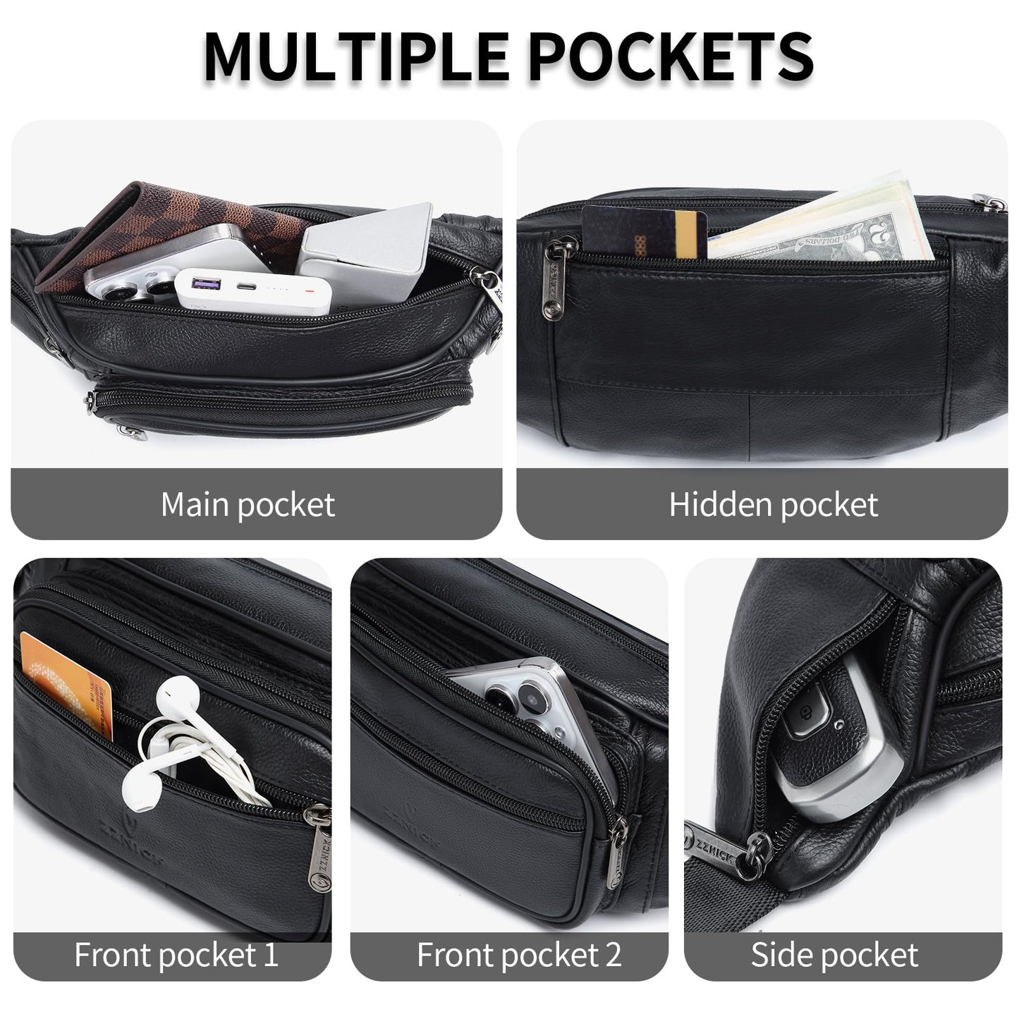 ZZNICK Genuine Leather Fanny Pack/Waist Bag/Organizer with Adjustable Belt, Multiple Pockets For Men and Women