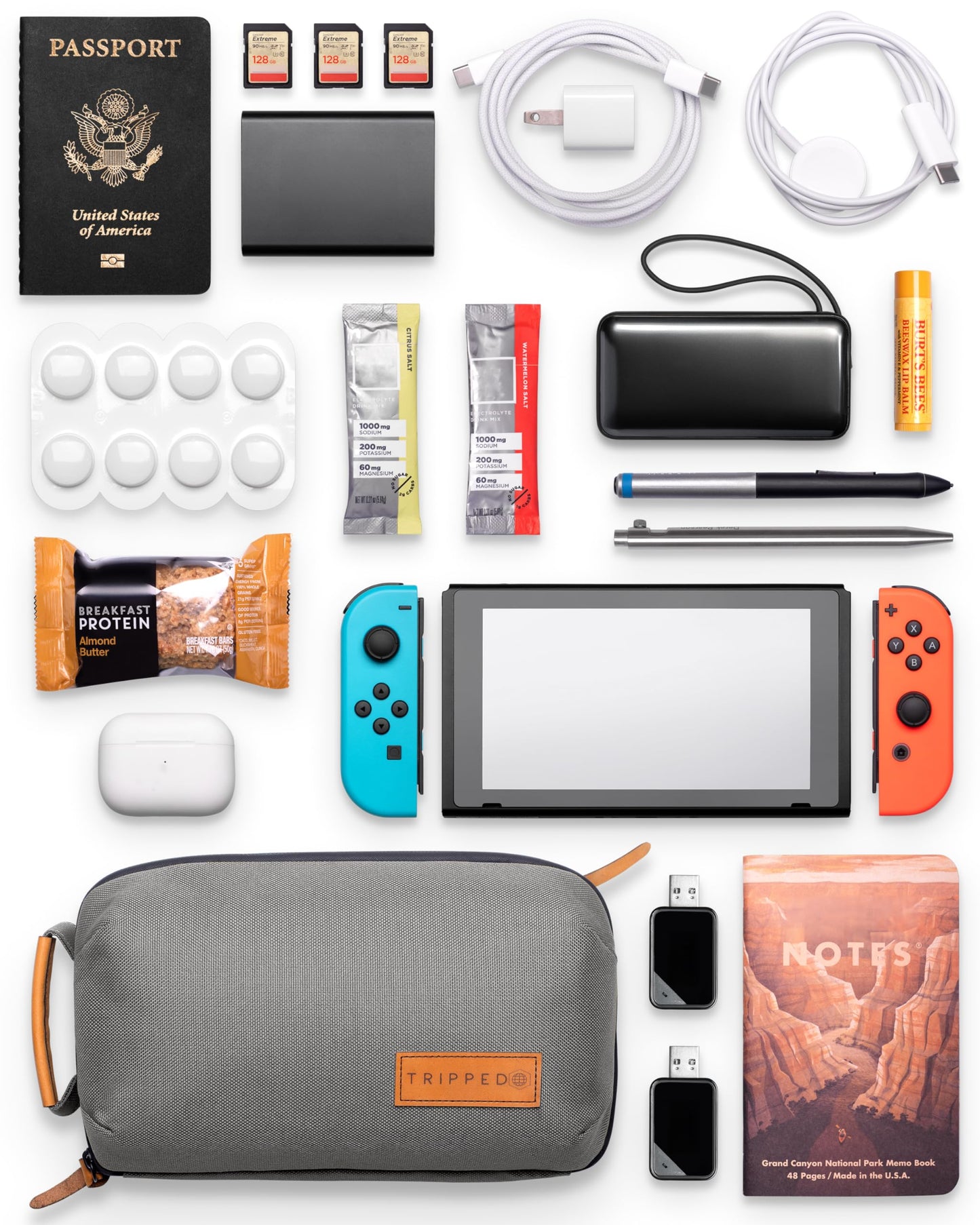 Tech Bag Organizer - Small Electronics Organizer Pouch for Travel - Premium Travel Case with Leather Accents - Mesh Pocket for Cables, Cords and Chargers (Grey)