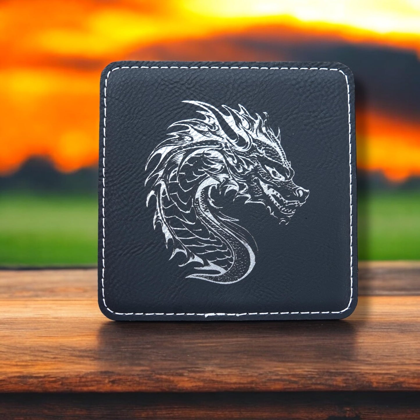 Coaster - Dragon - SET OF 2 - Leather or Stitched Cork (Black/Silver)