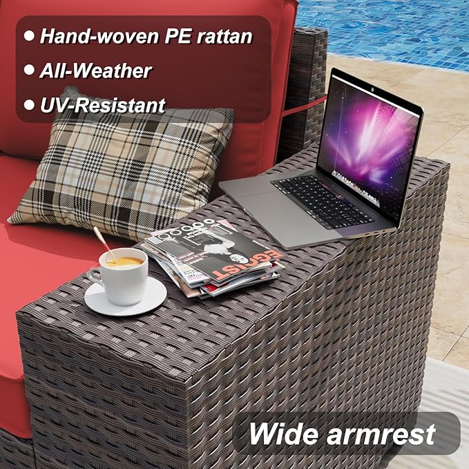 ALAULM 6 Pieces Patio Furniture Set, Oversized Seat/Armrest and High Back Wicker Sectional Furniture Set with Thick Cushion for Backyard, Garden, Red