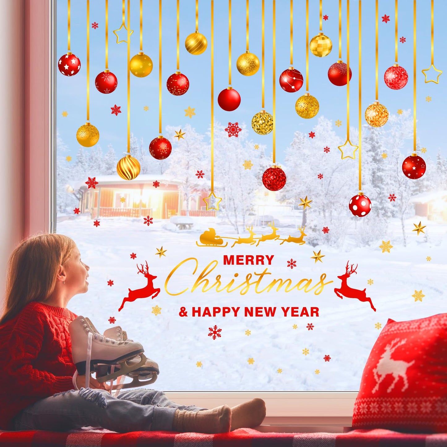 Christmas Bell Wall Stickers Large Ornament Wall Decals Peel and Stick Merry Christmas New Year Wall Decals Clings Holiday Red Gold Snowflake Hanging Bells Window Sticekrs Xmas Party Decoration