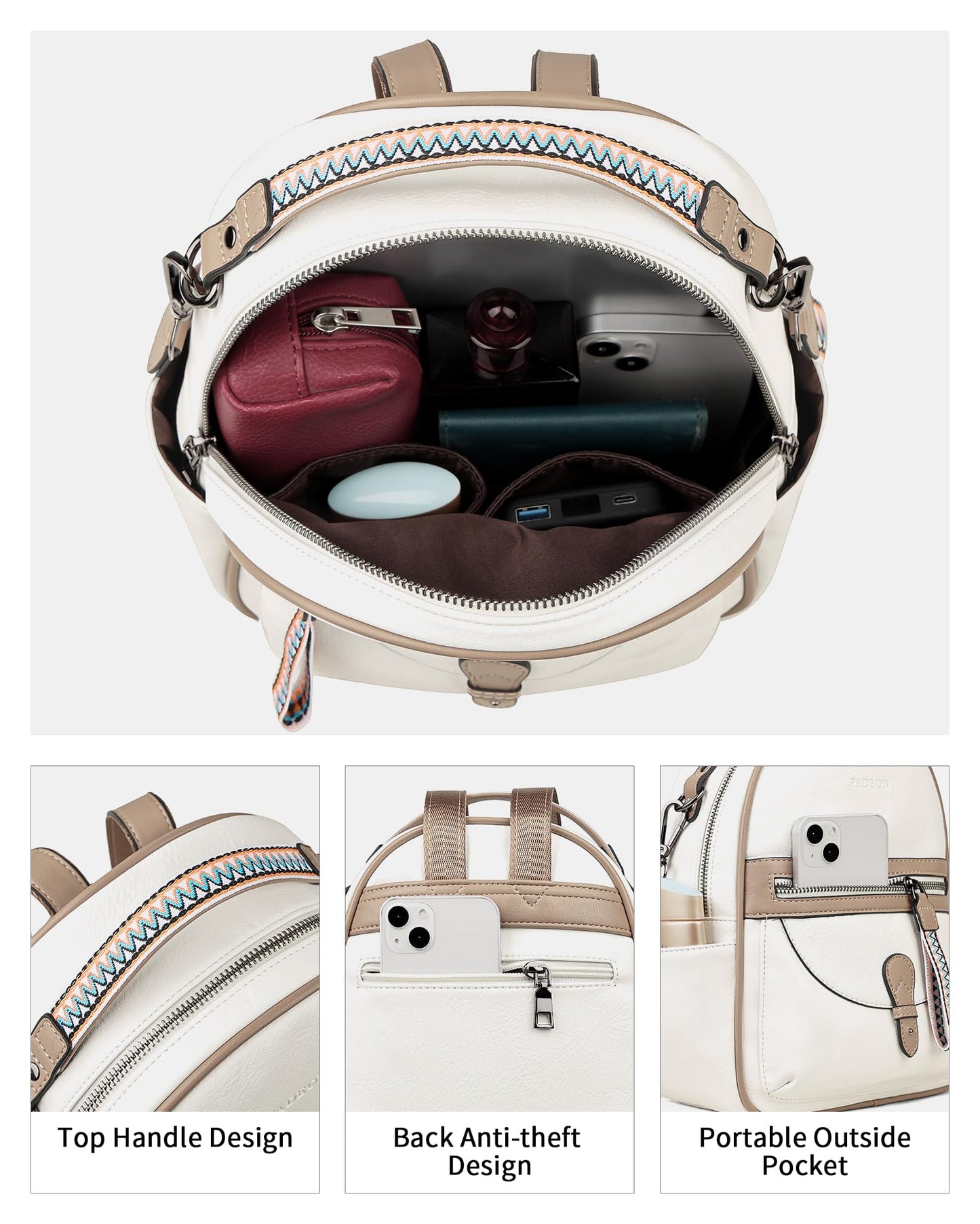 FADEON Mini Backpack Purse for Women, Designer Leather Cute Roomly Small Backpacks, Ladies Shoulder Backpack Fashion Handbag