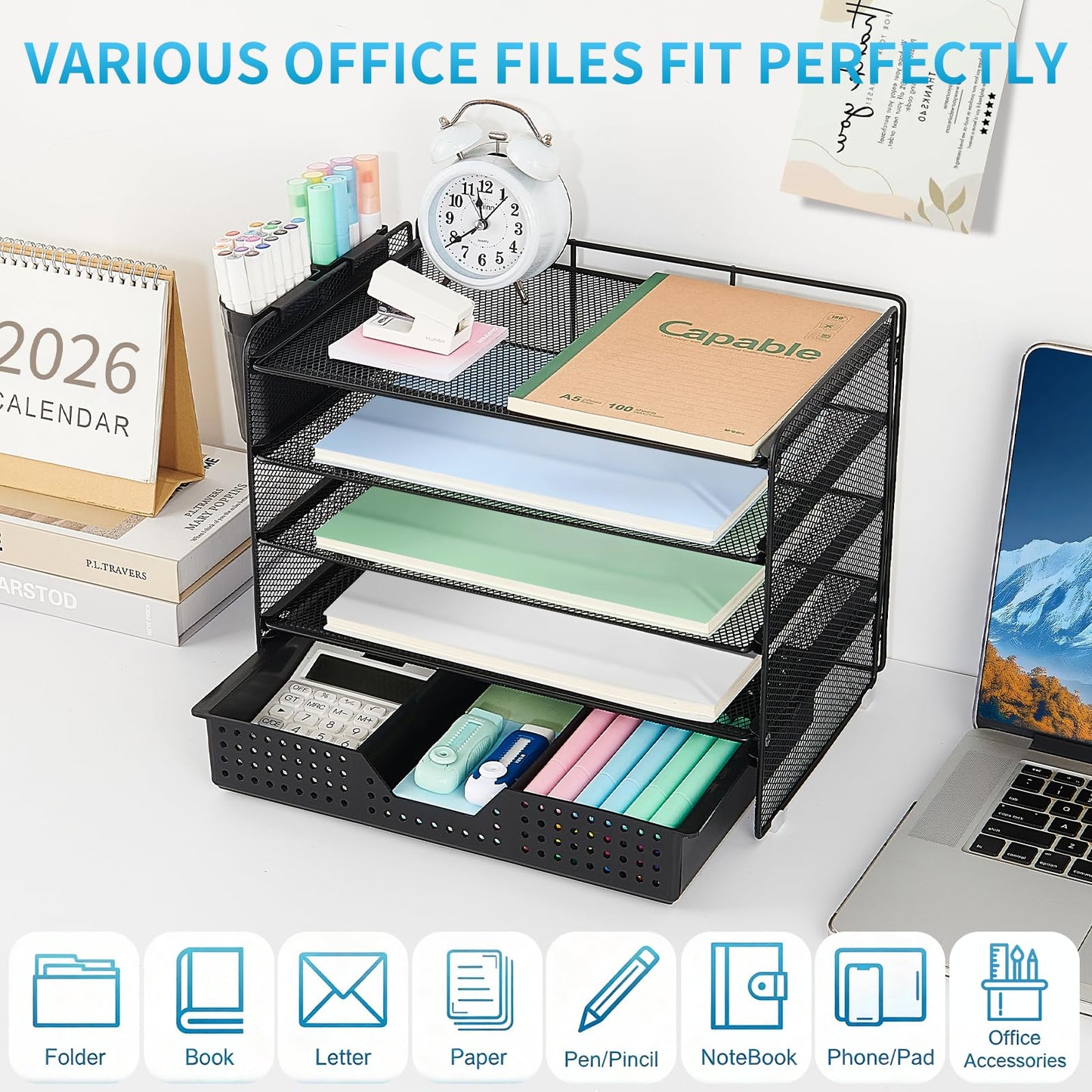 LEKETREE Desk Organizer and Accessories, 5-Tier Paper Letter Tray Organizer with Drawer & 2 Pen Holders for Desktop File Organization, Office Desk Accessories for Supplies Storage (Black)