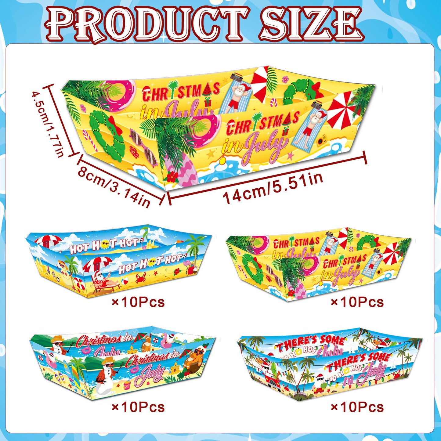 Falueqg Summer Christmas Party Decorations - 24 Pcs July Christmas Paper Food Trays Disposable Beach Santa Food Boats Serving Tray for Holiday Xmas Tropical Luau Decorations