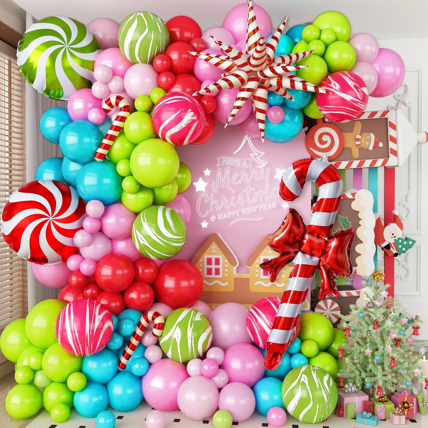 Christmas Balloon Garland Arch Kit, 121Pcs Pastel Green Pink Teal Blue Red Sand Tie Dye Balloons with Large Cane Candy Windmill Star Foil Balloon for Xmas Merry Christmas Party New Year Decorations