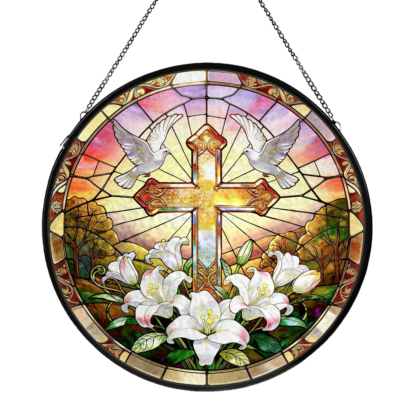 Cross Stained Glass Window Hanging, Flower Suncatcher Diamond Glass Panel Hangings, Sun Catchers Indoor Windows Wall Art Decor, Pastor Christian Gift, for Home Office 7.87 inches