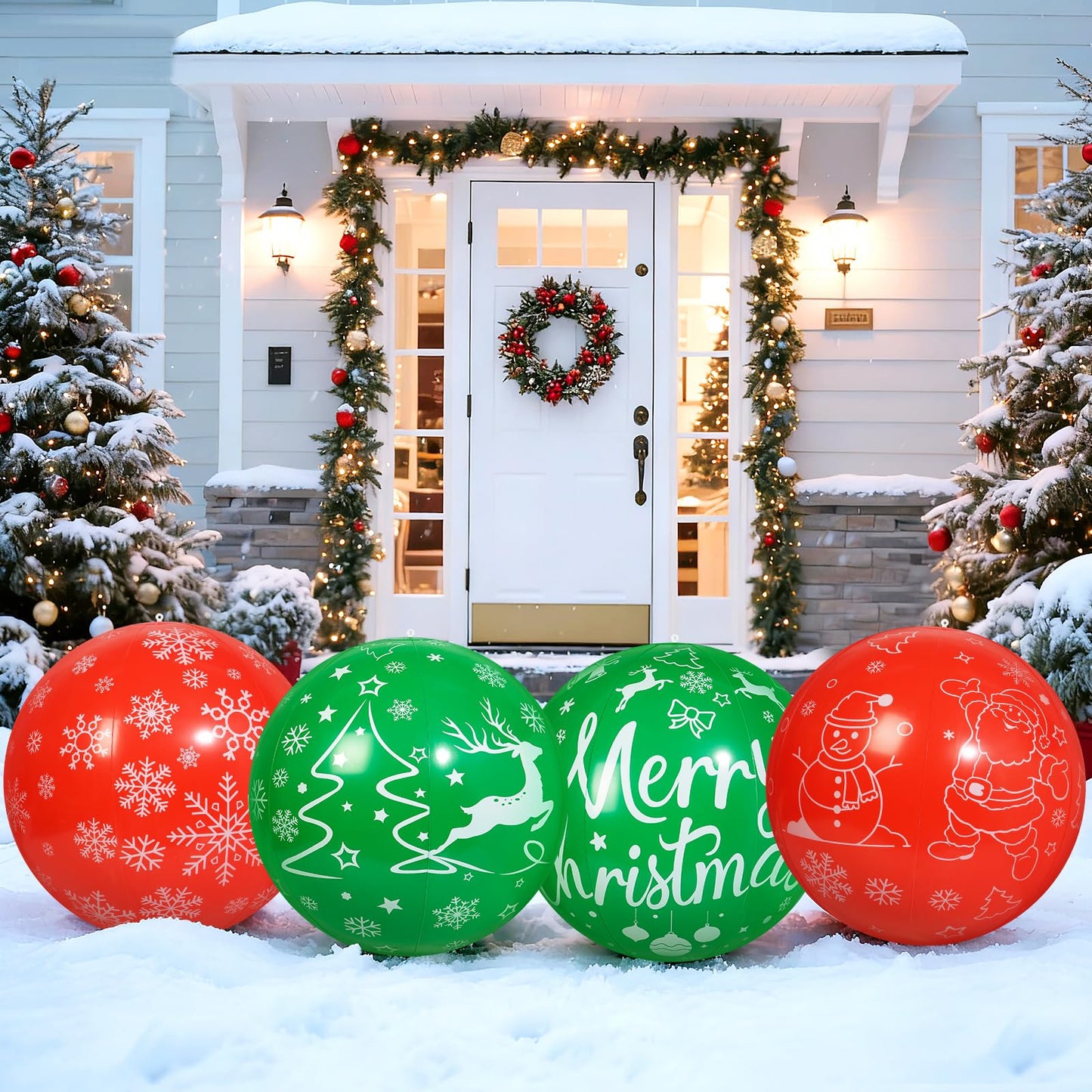 Wlicon 4 PCS 24 Inch Christmas Inflatable Balls Outdoor Inflatable Christmas Ball Ornaments for Xmas Garden Lawn Yard Holiday Front Door Window Decoration