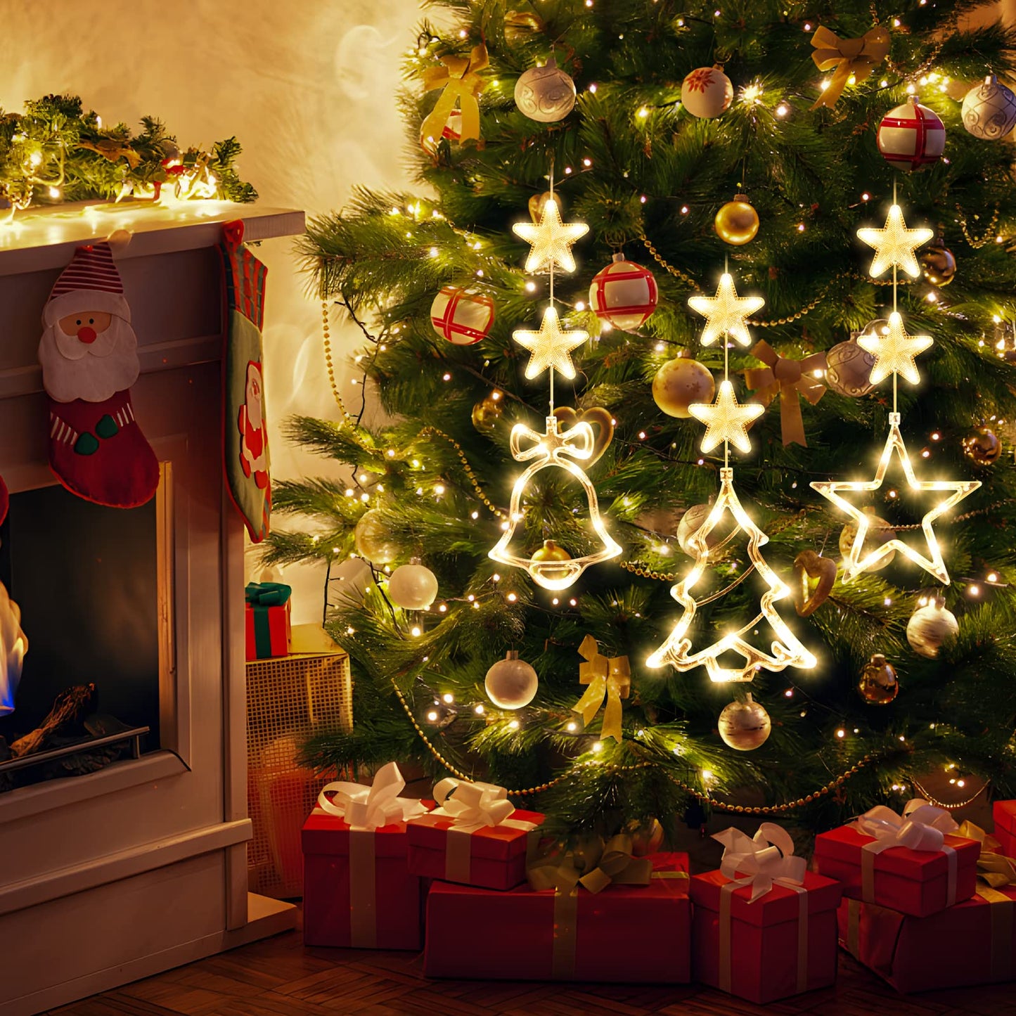LYUBASA [Timer 3Pcs Christmas Window Lights Decorations,Battery Powered Christmas Hanging Warm White Lighted Tree Bell Star Shaped LED Sucker for Xmas Tree Fireplace Indoor Outdoor Decor