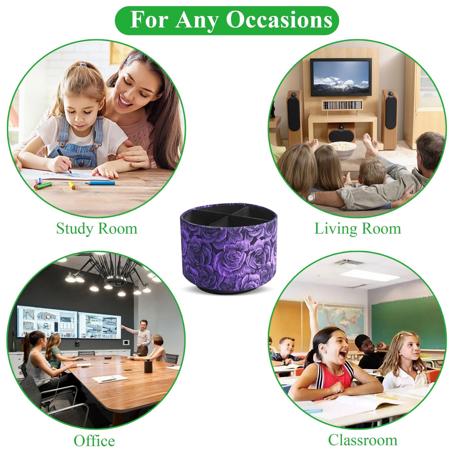 QIELIZI Round Leather Art Supply Organizer,Remote Control Holder,360 Degree Rotating,Multi-Functional Pencil Holder,4 Compartments Desktop Stationary Organizer(1-3D Rose Purple)