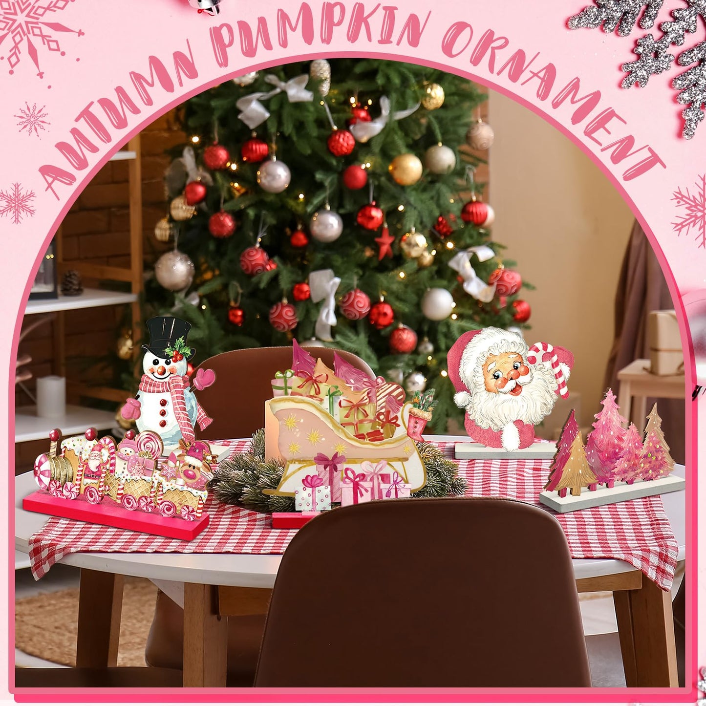 Wonderjune 6 Pcs Christmas Table Decorations Pink Wooden Christmas Table Centerpieces Pink Xmas Decor Snowman Santa Claus Tabletop Sign Merry Xmas Ornament for Holiday Party Supplies