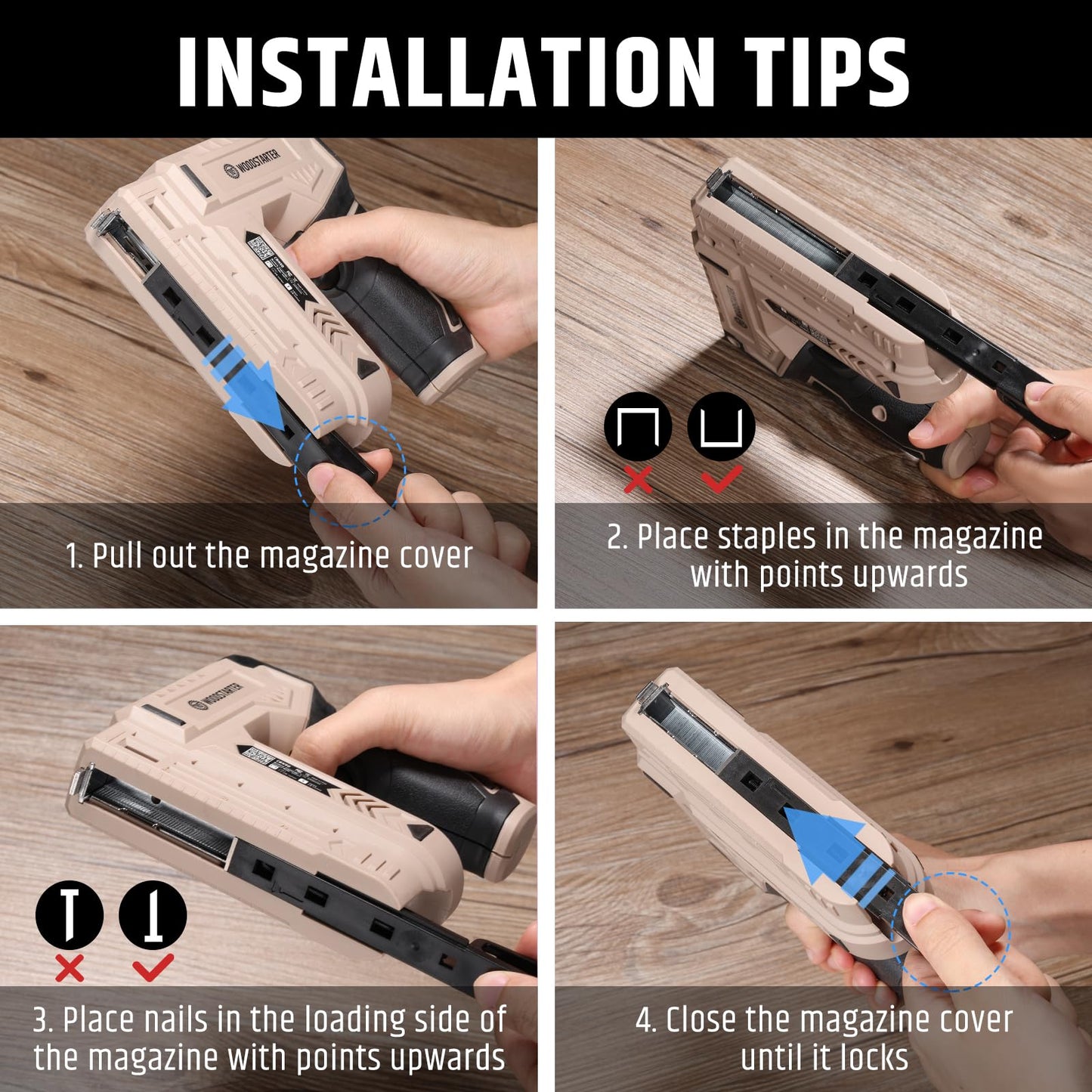 WOODSTARTER 2-in-1 Cordless Electric Staple Gun - 4V Rechargeable, Versatile for Multiple Scenarios