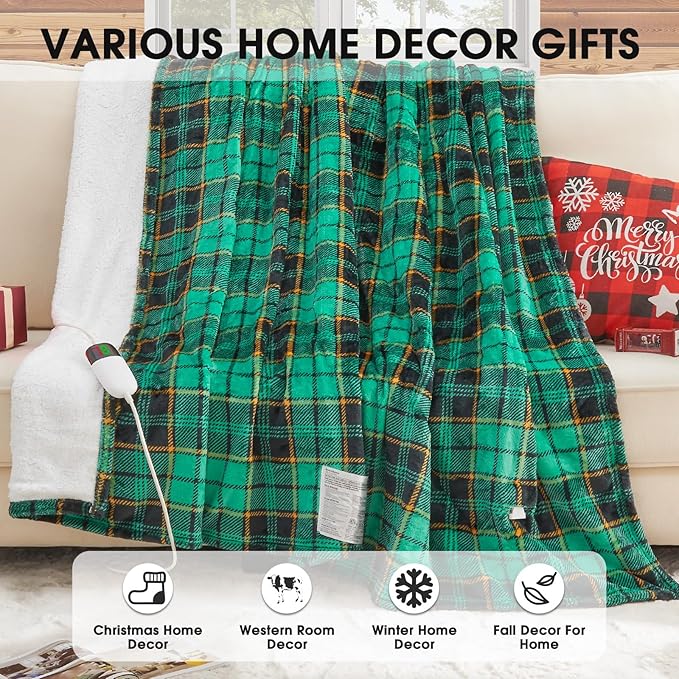 OCTROT Heated Blanket Electric Full Size 72X84, Heating Throw with 10 Heating Levels & 8 Hours Auto Off, Checkered Plaid Sherpa Blanket Warmer for Adults, Fast Heat and Washable, in Purple