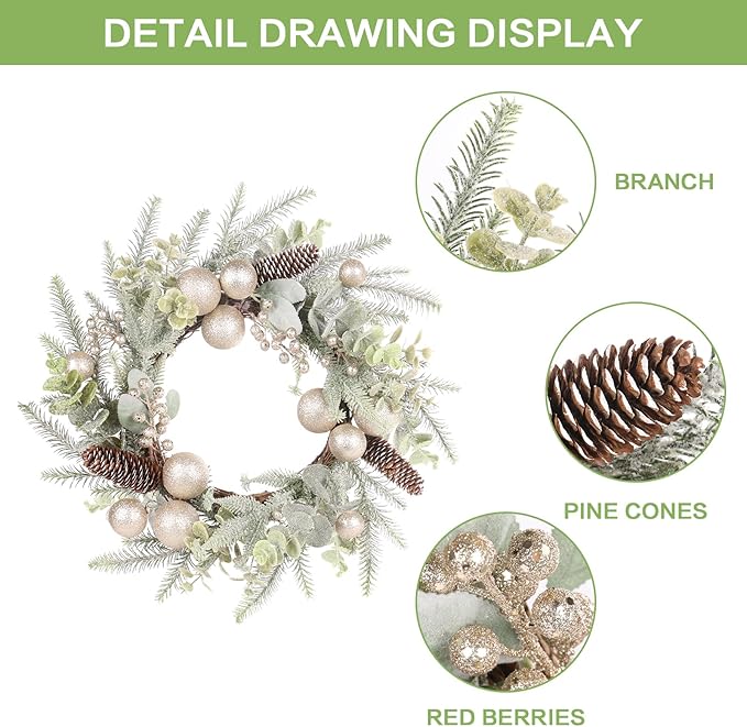 Super Holiday Christmas Wreath, 19Inch Artificial Winter Wreaths for Front Door Decorations with Wreath Hanger, for Indoor Outdoor Home Hoilday Party Xmas Wall Decor - Champagne