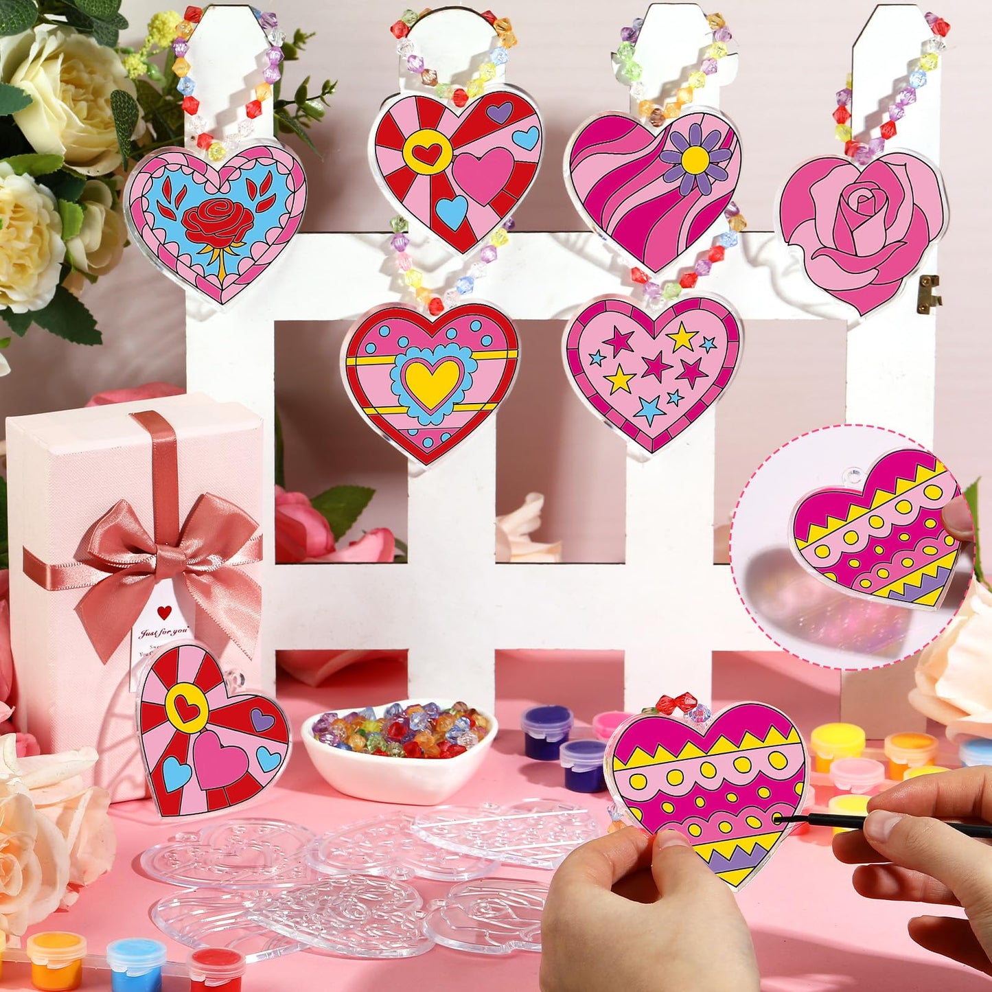 Beeveer 30 Sets Valentine's Day Suncatchers Craft Kits Heart Suncatcher Ornaments DIY Window Paint Art Sun Catchers for Valentines Adults Art Project Party Favors Gift (Heart)