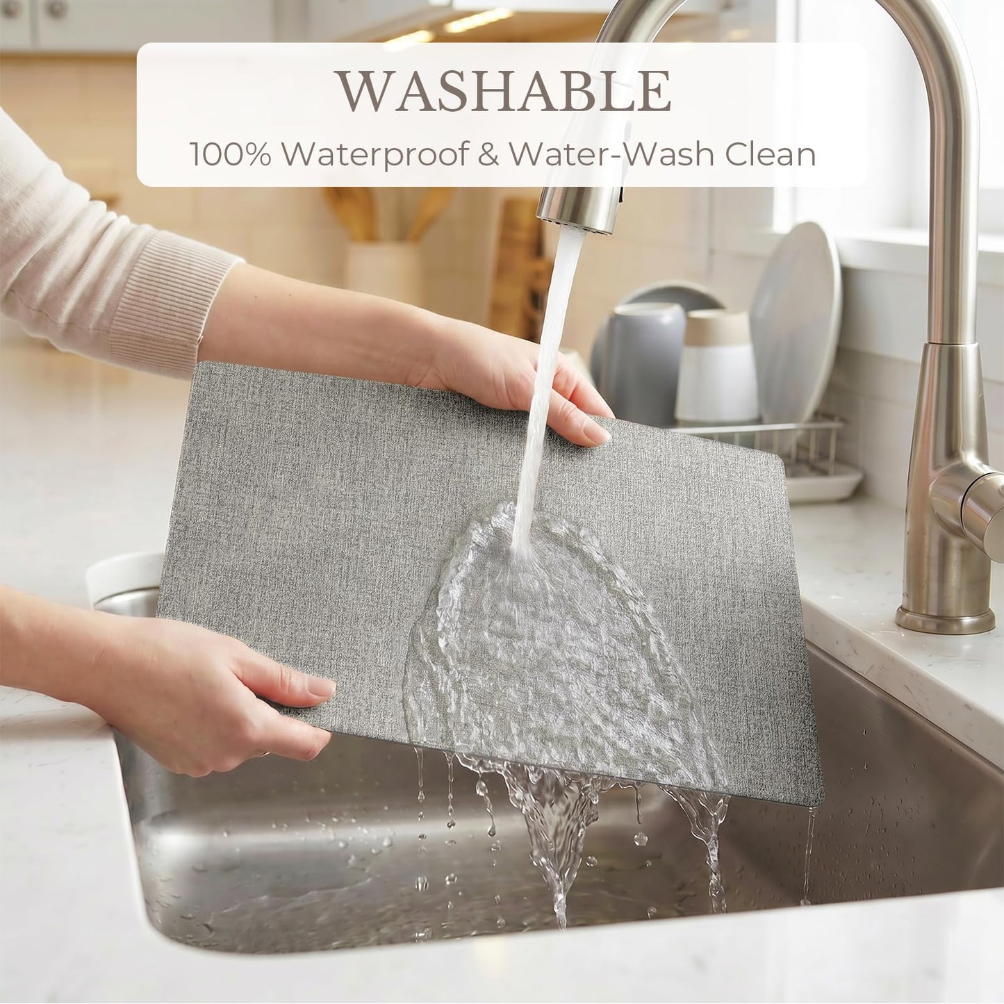 Romanstile Vinyl Placemats Set of 6-12 X 17 Inch - Faux Leather 100% Waterproof Wipeable Anti Slip Place Mats, Heat Resistant Reversible PU Table Mats for Kitchen Dining Party Outdoor, Light Grey
