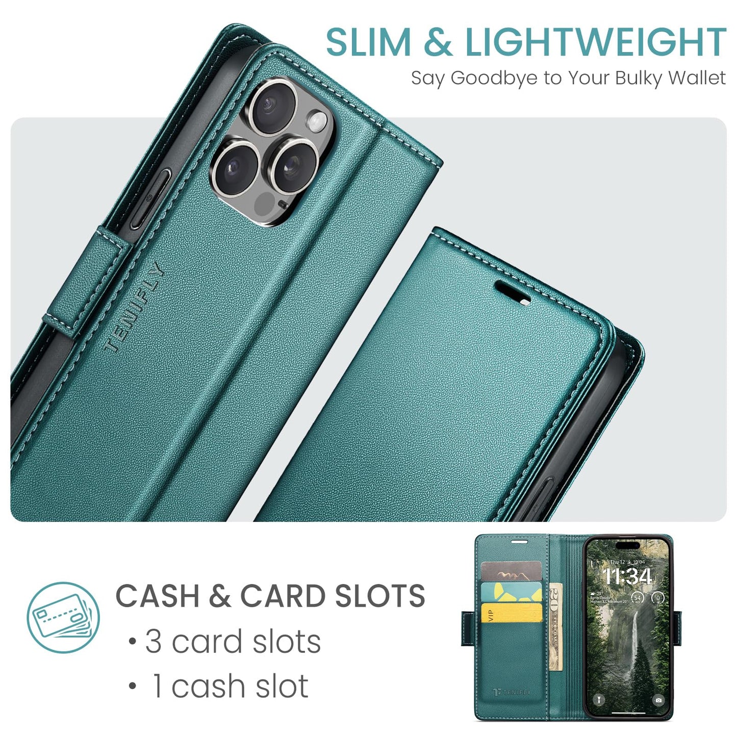 Tenifly for iPhone 15 Pro Max Case Wallet with RFID Blocking Card Holder, PU Leather Kickstand Protective Flip Phone Cover Fit for iPhone 15 Pro Max 6.7", Bluish Green