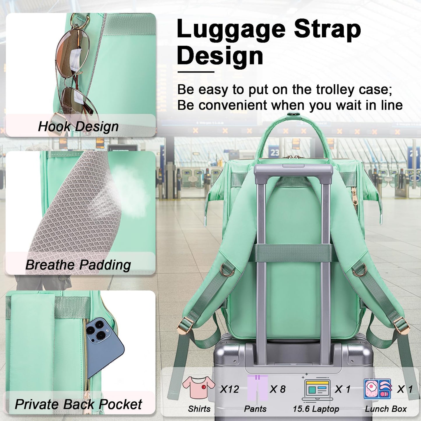 Weitars Lunch Backpack For Women,15.6 Inch Laptop Backpacks For Womens Back pack, Travel Backpacks,Work Backpack For Women (LightGreen)