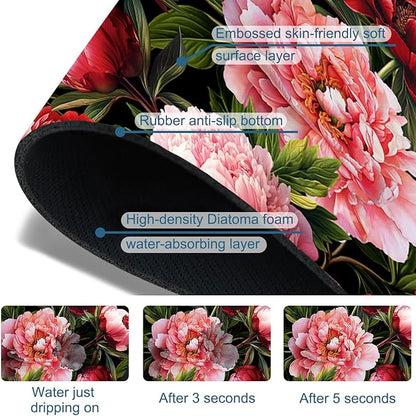 Blooming Peony Sink Splash Guard Pink Peony Flowers Faucet Absorbing Mat Fast