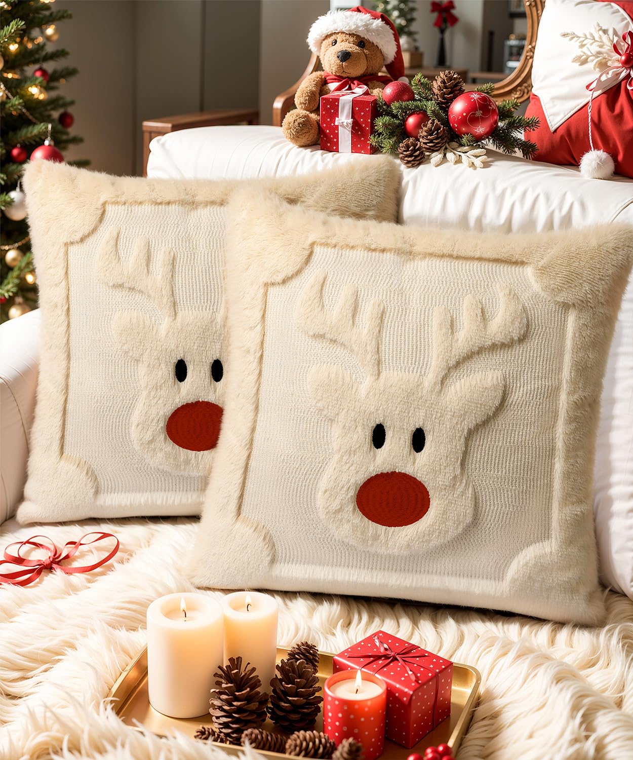 SEGXCFL Christmas Pillow Covers Set of 2 Soft Plush Faux Fur Pillow Cases 3D Embroidered Decorative Couch Cover Home Decor Christmas Throw Pillow Covers 18x18,Beige Reindeer