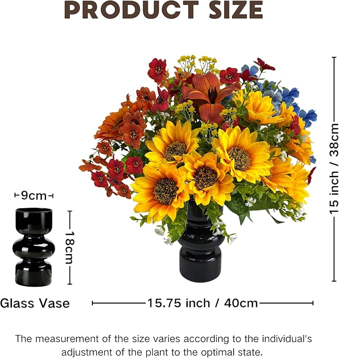 Fall Fake Flowers with Vase, Sunflowers Artificial Flowers, Faux Flowers in Vase for Centerpiece Table Decorations, Fake Plant Silk floral arrangements for Thanksgiving Home Coffee Kitchen Table Decor