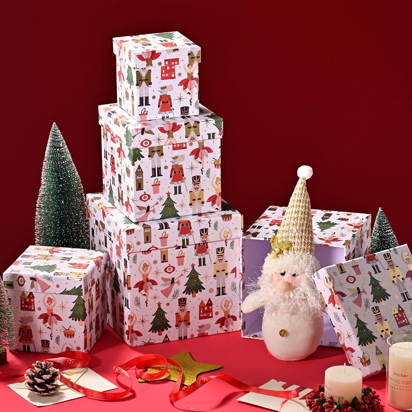 PAPER FAIR 5PCS Christmas Nesting Gift Boxes with Lid, Xmas Nested Box Set, 5 Sizes, Square Stackable, White Ballerina Nutcracker Paper Box Tower Décor, for Holiday Thanksgiving New Year Packaging