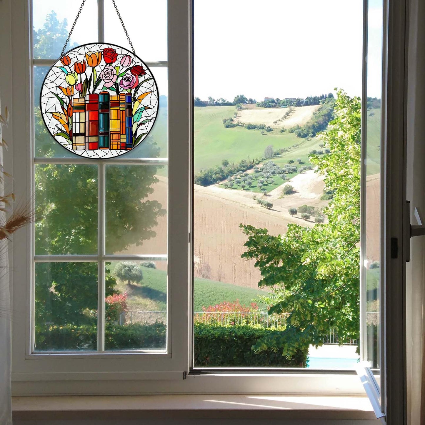 RVEAFA Flower Book Stained Glass Window Hanging 9.8'' Sun Catcher Book Club Lover Gifts for Women Reading Room Decor Handmade SunCatcher Decoration for Garden Home Bookish Library Decor