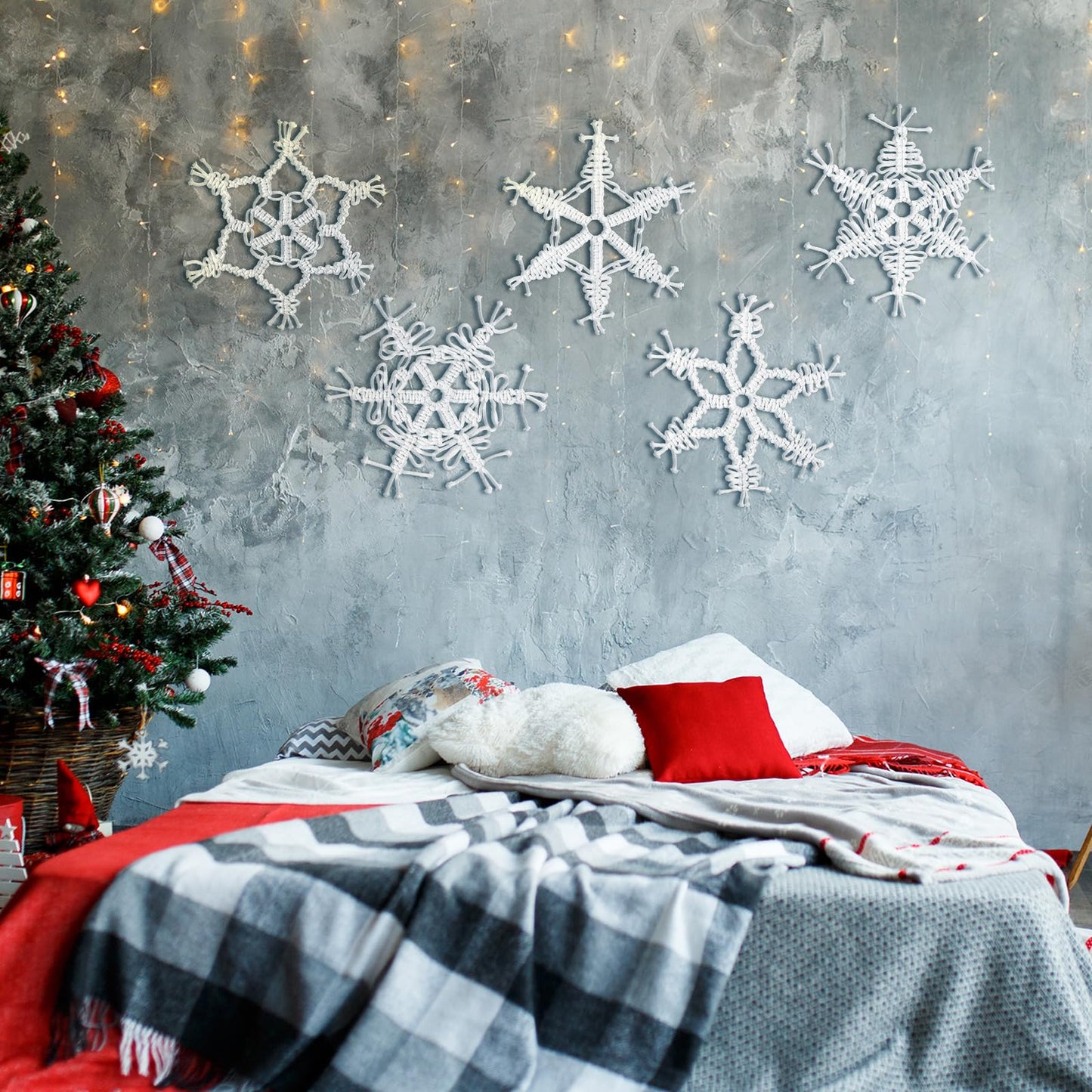 RattanView 5 Pcs Large Winter Macrame Snowflake Wall Decor - 11.8 Inch White Handmade Woven Wall Art Hanging Ornaments for Home Window Winter Party Decorations
