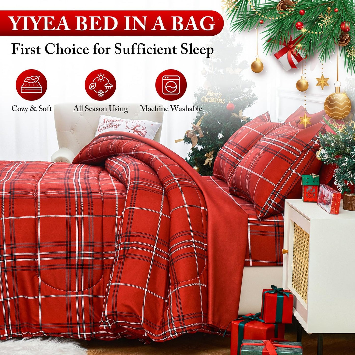 YIYEA Christmas Comforter Set, 7 Pieces Bed in a Bag, Christmas Bedding Sets with Comforter, Flat Sheet, Fitted Sheet, 2 Embroidered Pillowcases, and 2 Printed Pillowcases, Queen