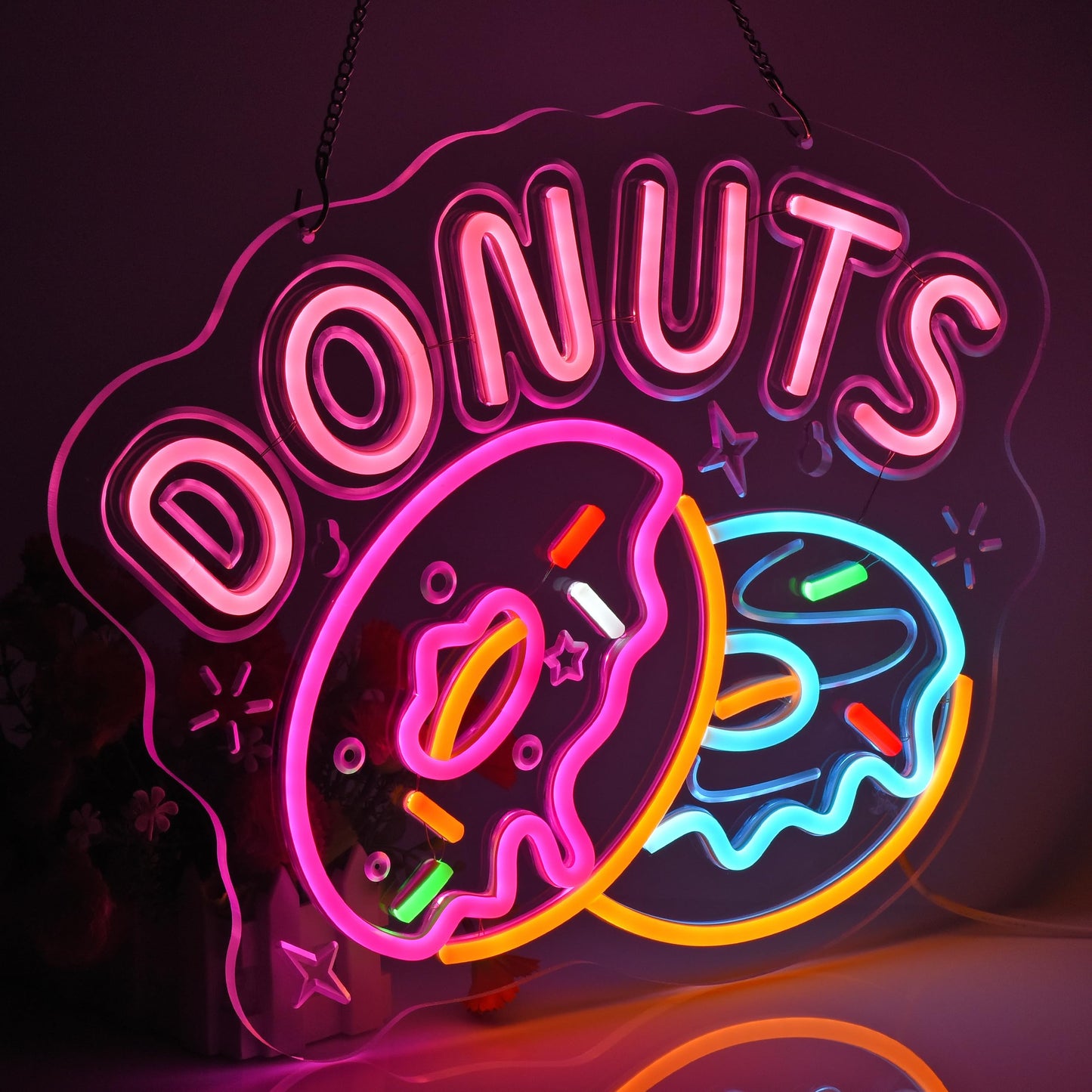 JOMOBUTY Donuts Neon Sign, Neon Lights Hanging Wall Art Decoration for Home Kitchen Business Bakery Restaurant Bar Cafe Fast Food Shop, USB Powered Ultra Bright Dimmable