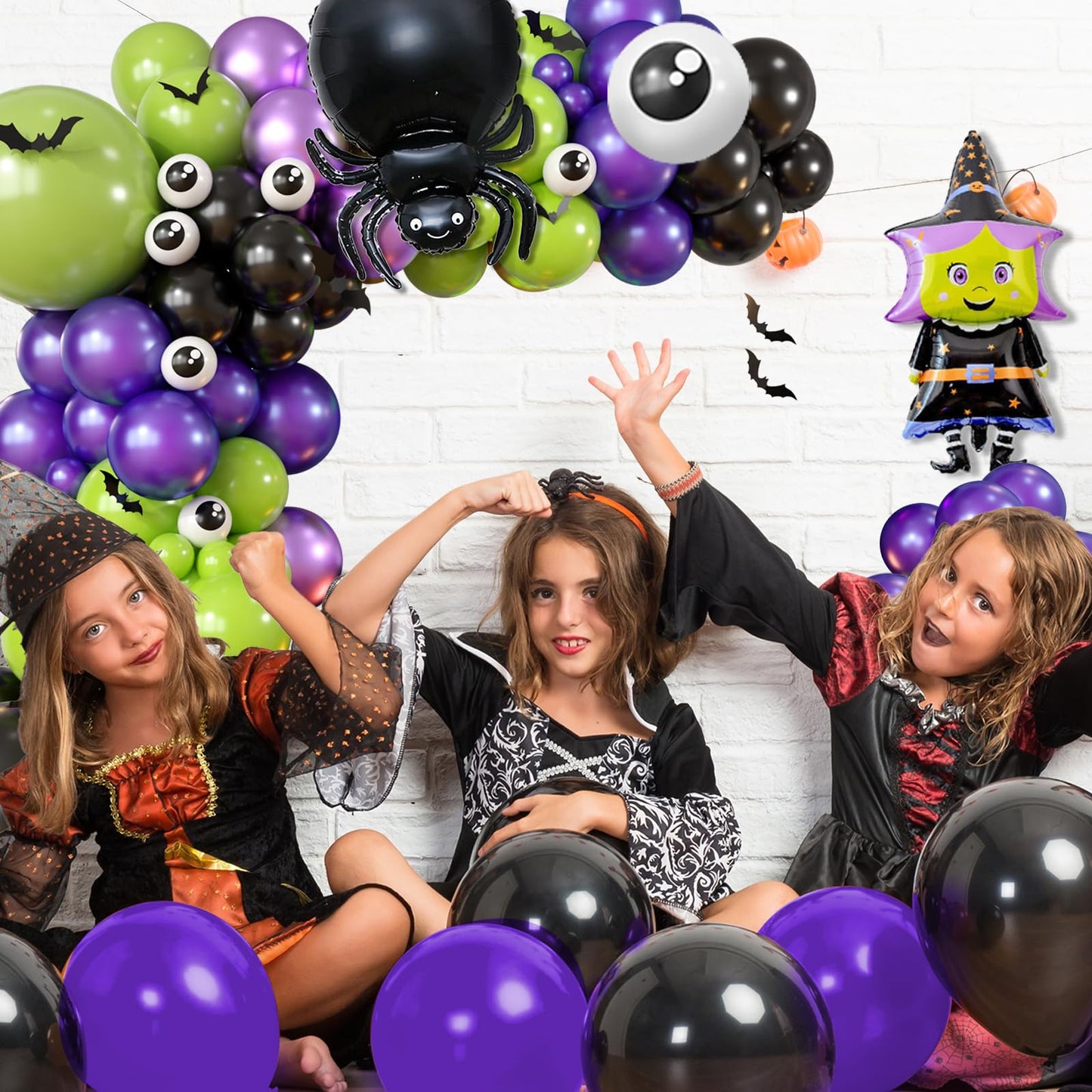 Halloween Balloons Arch Kit, Green Purple Balloon Garland with Foil Balloon Witch Spider Eye Metallic Purple Black Latex Balloons for Horror Halloween Birthday Party Decorations