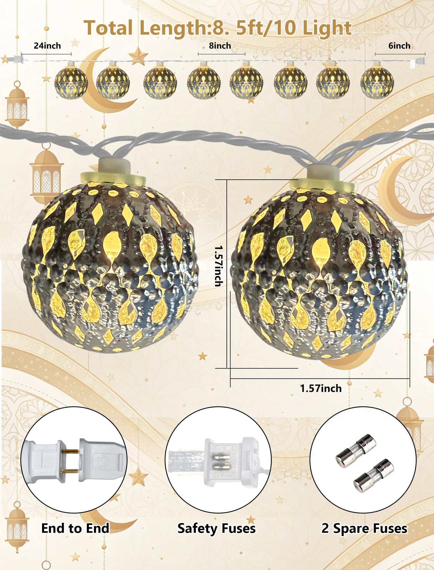 8.5Ft Moroccan String Lights Plug in, 10 LED Silver Metal Globe Fairy Lights, Warm White Hollow Lantern Decorative Lights for Ramadan Eid Mubarak Diwali Bohemian Home Bedroom Patio Party Wedding Decor