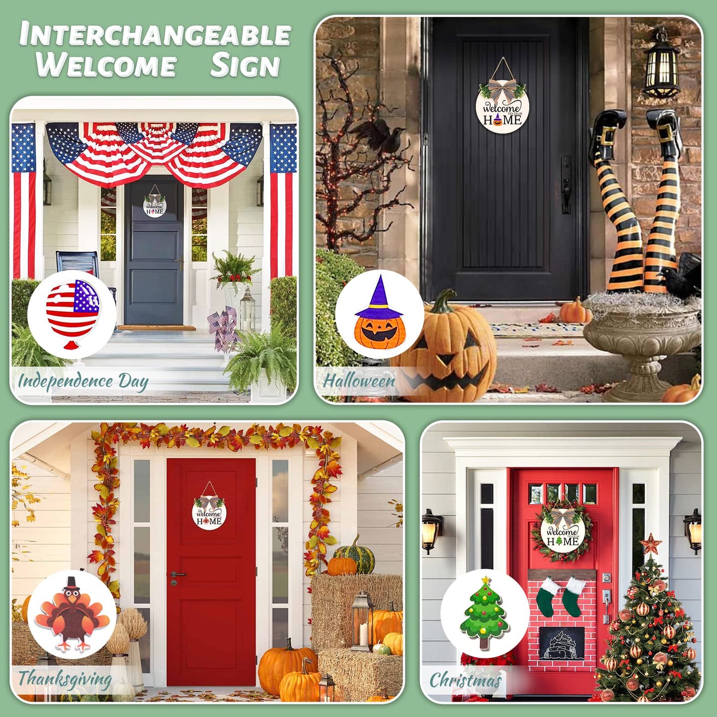 Interchangeable Welcome Sign for Front Door - Solid Wooden Welcome Wreaths with 16 Seasonal Holiday Icons Front Door Decor for Farmhouse Hanging, Valentine's, Easter Christmas Housewarming Gift Decor