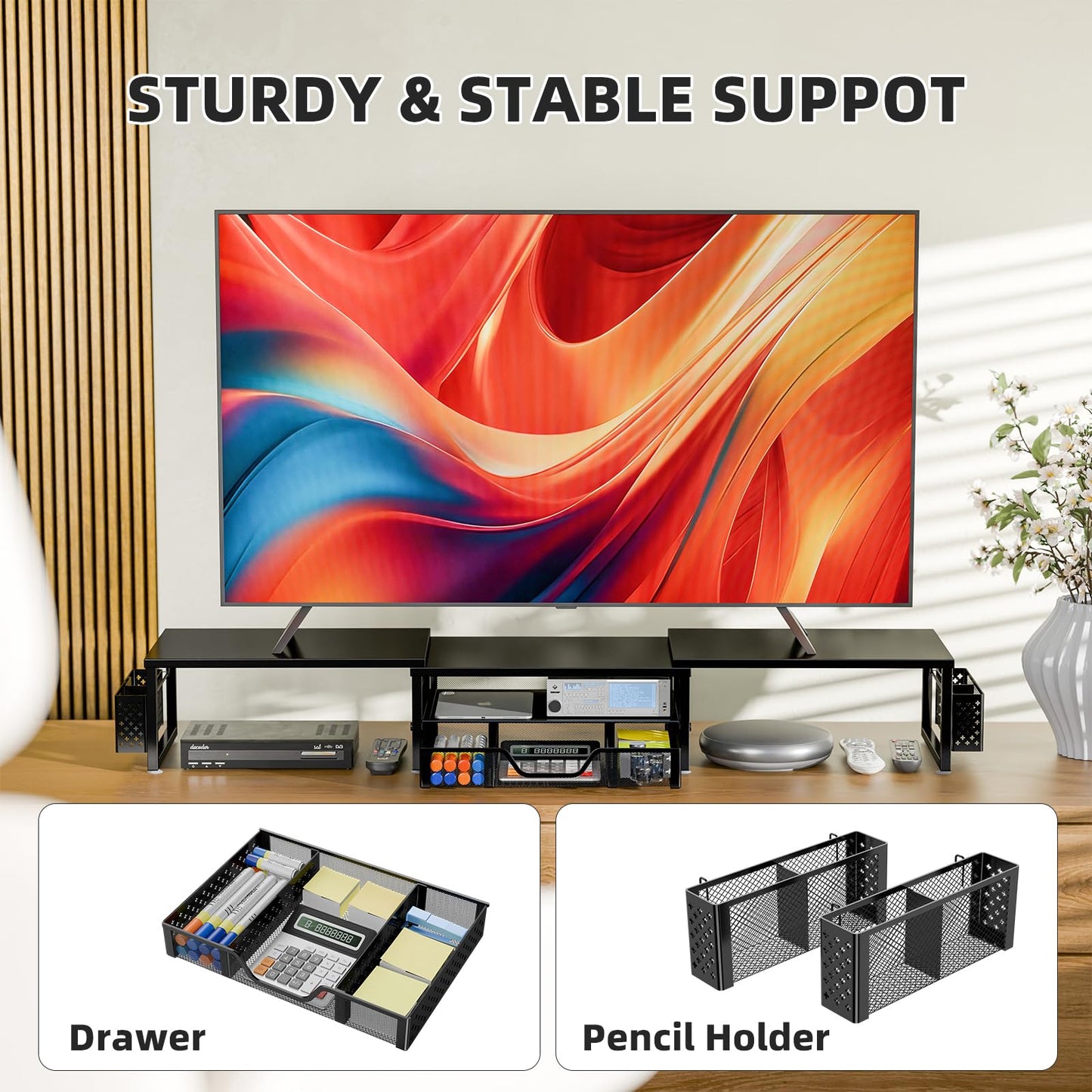 Simple Trending Desk Organizers and Accessories, Dual Monitor Stand Riser with Drawer and 2 Pen Holder, Shelf for Top of Desk, Black