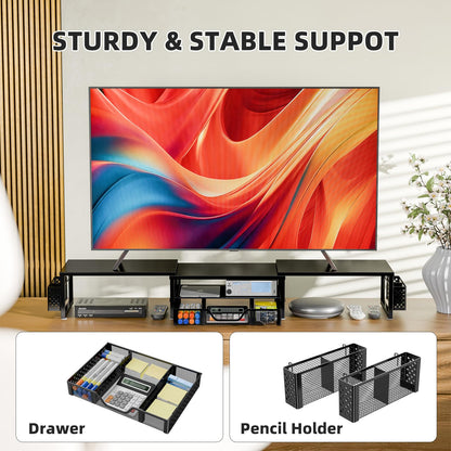 Simple Trending Desk Organizers and Accessories, Dual Monitor Stand Riser with Drawer and 2 Pen Holder, Shelf for Top of Desk, Black