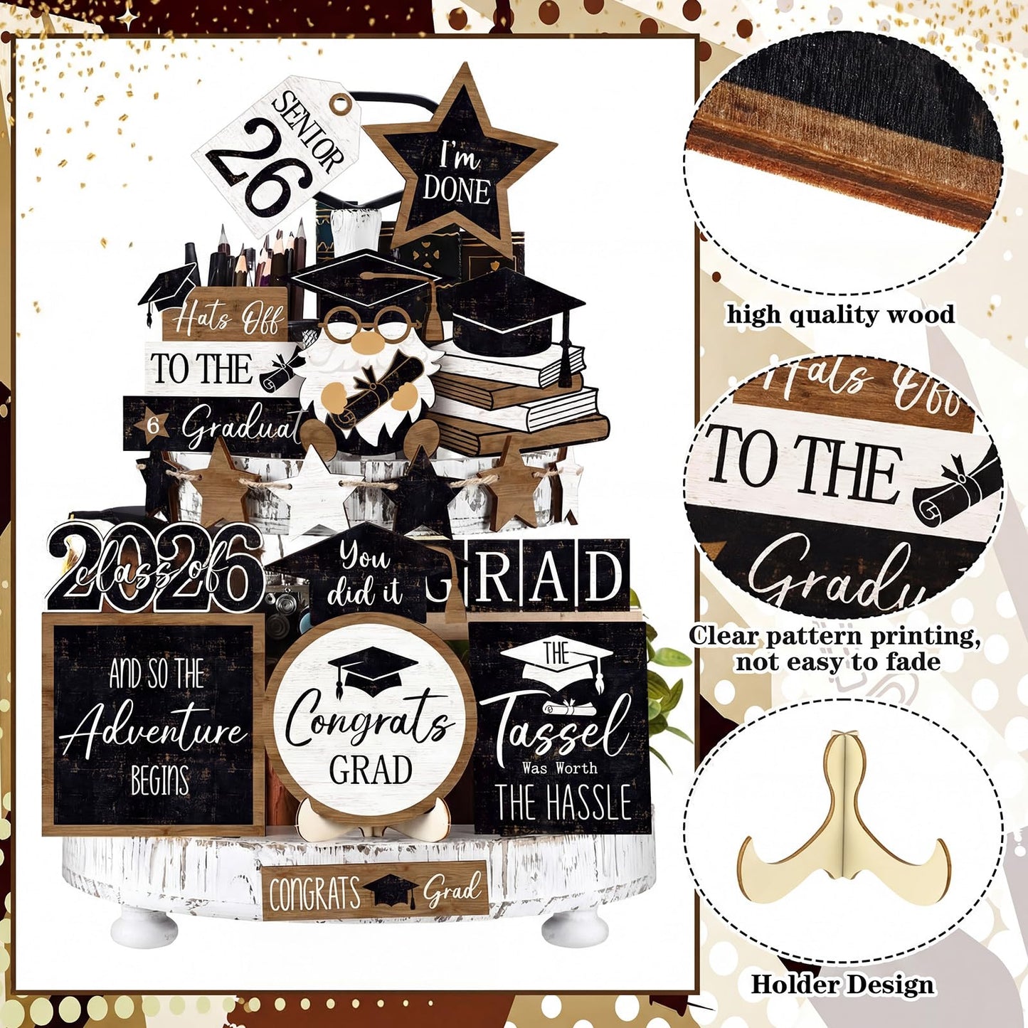Vercraft 18 Pcs Graduation Tiered Tray Decorations Class of 2026 Tiered Tray Decor Black White Grad Wooden Signs Farmhouse Table Shelf Decoration for Graduation Party Supplies(Grad)