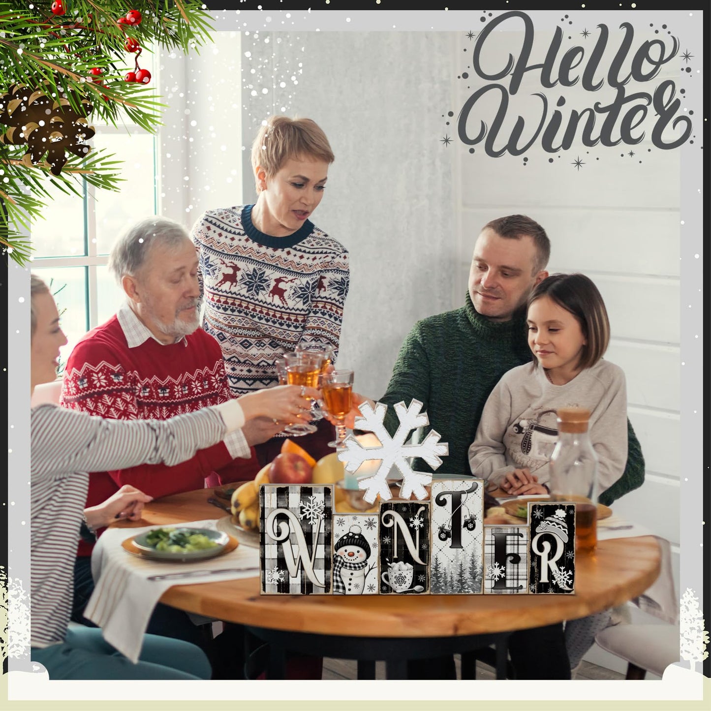 Yousoontic 2 Pcs Winter Table Decor Snowman Christmas Table Centerpieces Black and White Snowman Tiered Tray Decor Snowflake Block Signs Winter Decorations for Home Kitchen Office Shelf