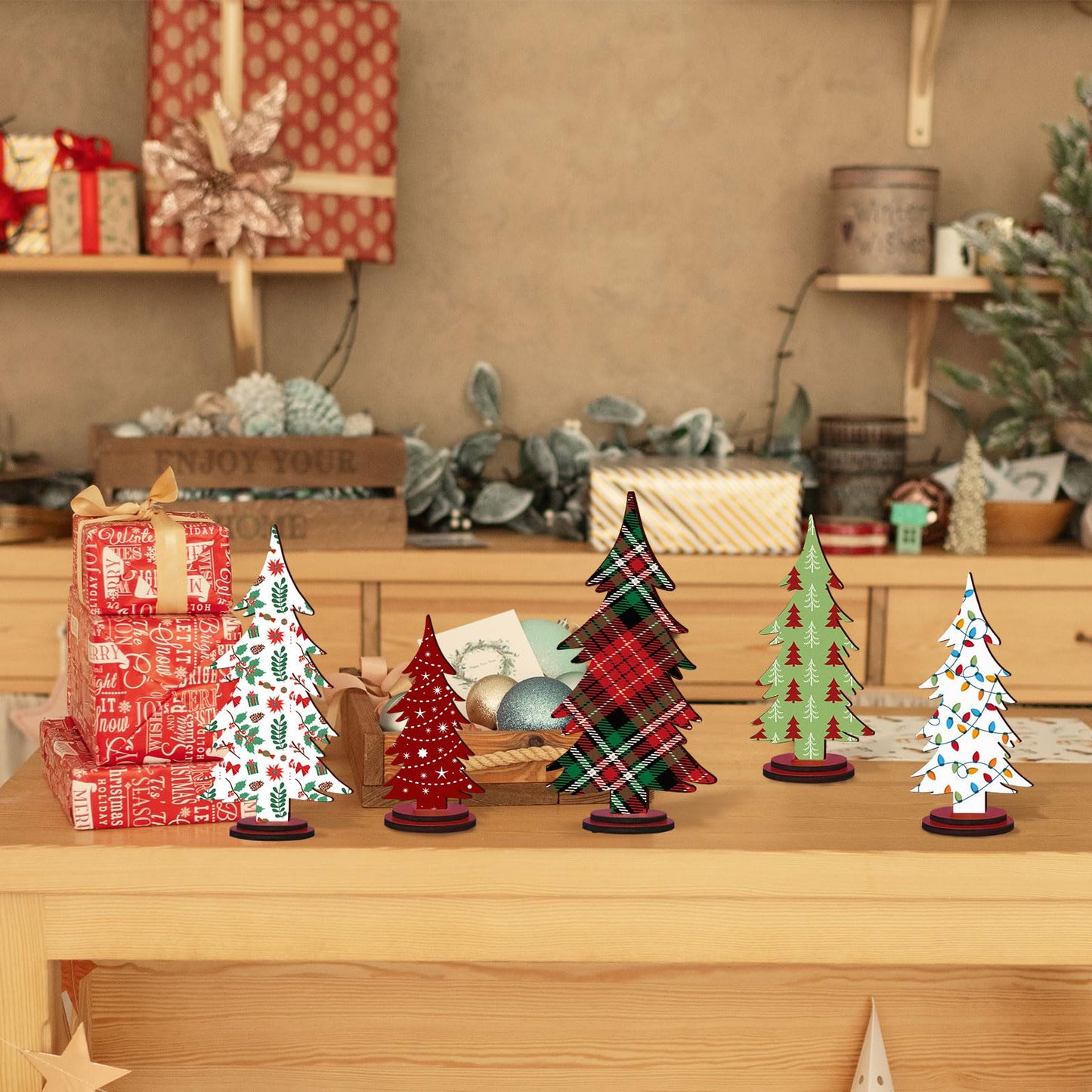 Pigort Christmas Decorations – Rustic Wooden Christmas Tree Table Decor, Freestanding Xmas Centerpiece for Home & Shelf, Winter Tiered Tray Decorative (5)