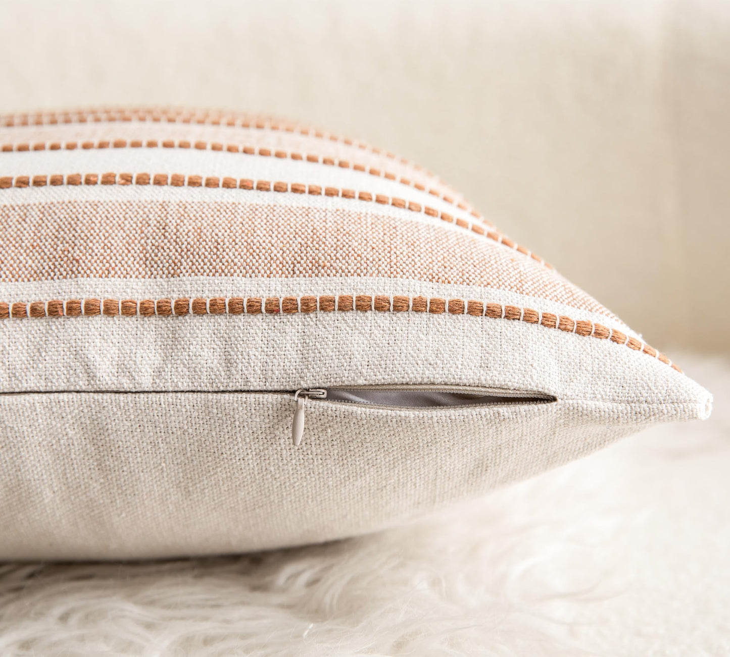 Cethom Decorative Boho Throw Pillow Covers, Farmhouse Textured Pillow Case, 20 x 20 Inch Set of 2, Chair Sofa Bedroom Living Room Home Decor Couch Cushion Case, Brown and Beige Striped
