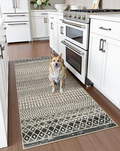Moroccan Rug Runners for Hallways, 2x5 Ultra Soft Non-Slip Washable Rugs for Bedroom, Low Pile Distressed Black Rug Carpet Runner for Entryway Kitchen Bedroom Laundry Room