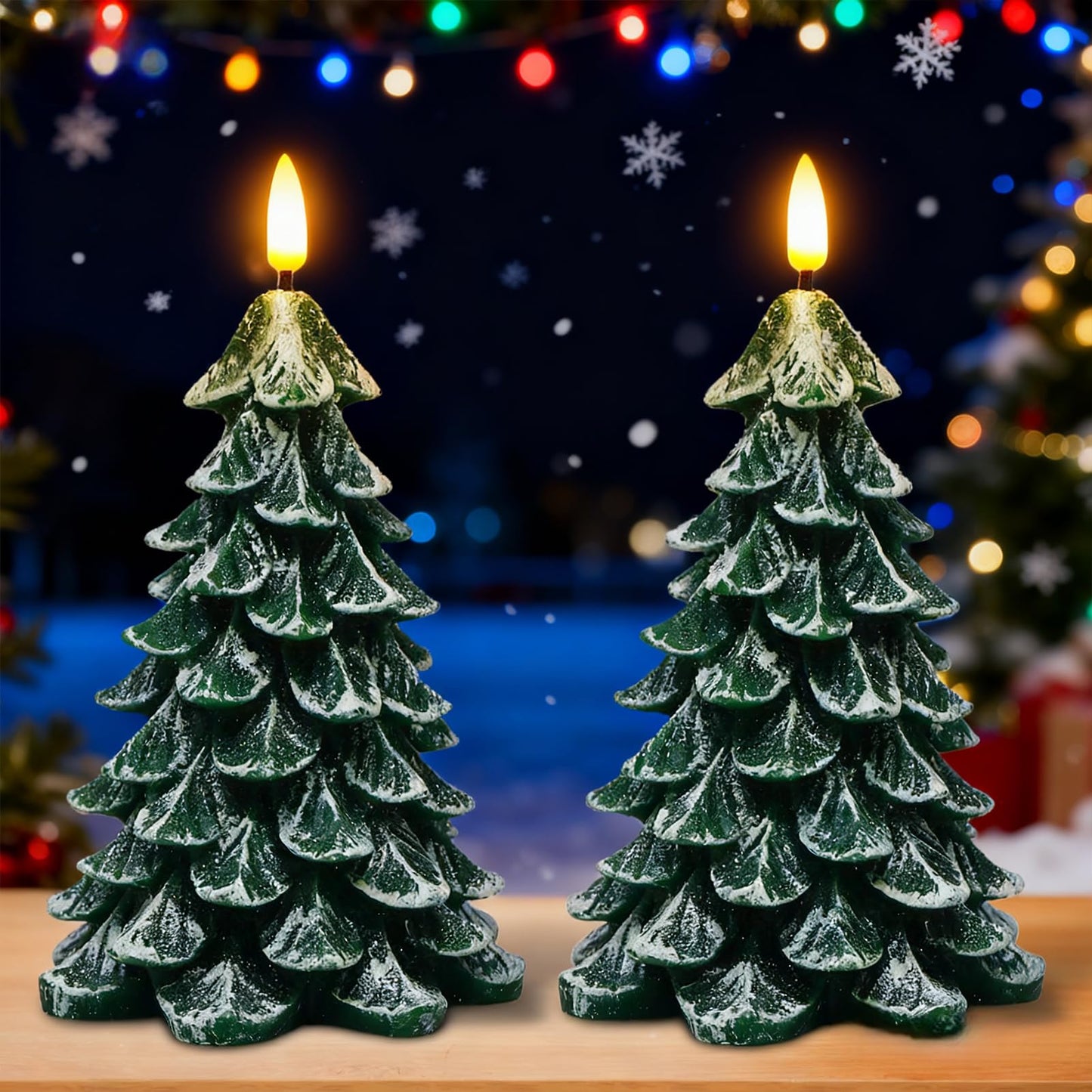 Wondise Christmas Tree Flameless Candles with 6H Timer, 2 Pcs Real Wax Battery Operated LED Candles Flickering, 3D Wick Green Electric Candles for Christmas Holiday Decorations