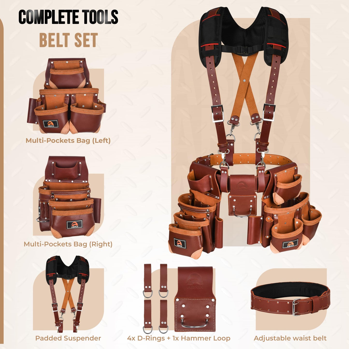 ABRIX Heavy Duty Tool Belt for Men – 4MM Thick Genuine Leather, Brass Buckle & Rivets | Foam Padded Comfort | 28-Pocket Carpenter & Framing Rig with Suspender | Work Belt Fit upto 32" to 52"