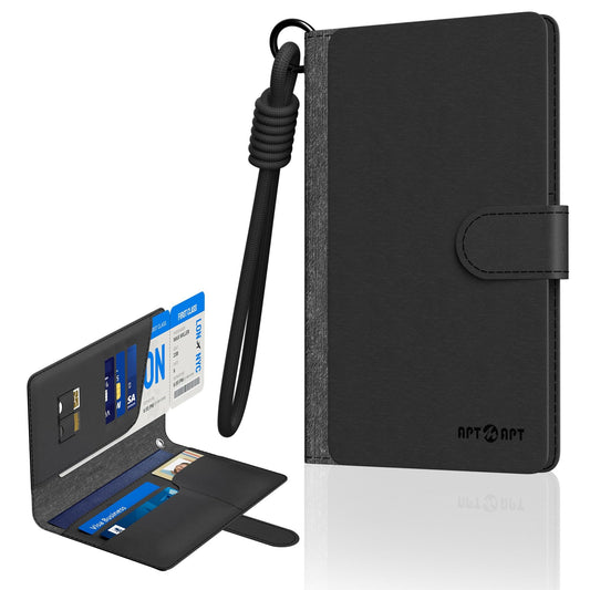 APTMAPT Smart Passport Holder Works with Apple Find My, Leather Travel Wallet with Wrist Strap & 2 SIM Card Slots, RFID Blocking Organizer for Passport/Cards/Tickets, Wireless Charging, Black