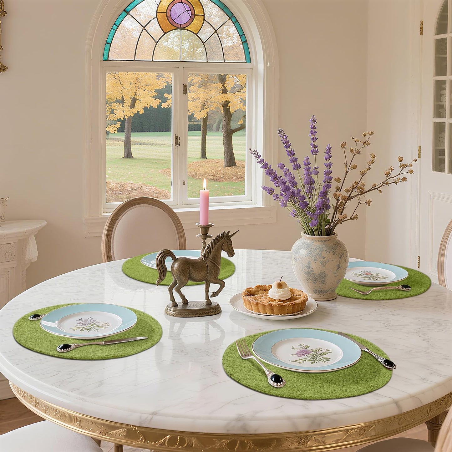 homing 15 Inch Round Cloth Placemats Set of 6, Cotton Linen Blend Washable Table Mats, Farmhouse Dining Place Mats for Indoors & Outdoors, Easy to Clean, Grass Green