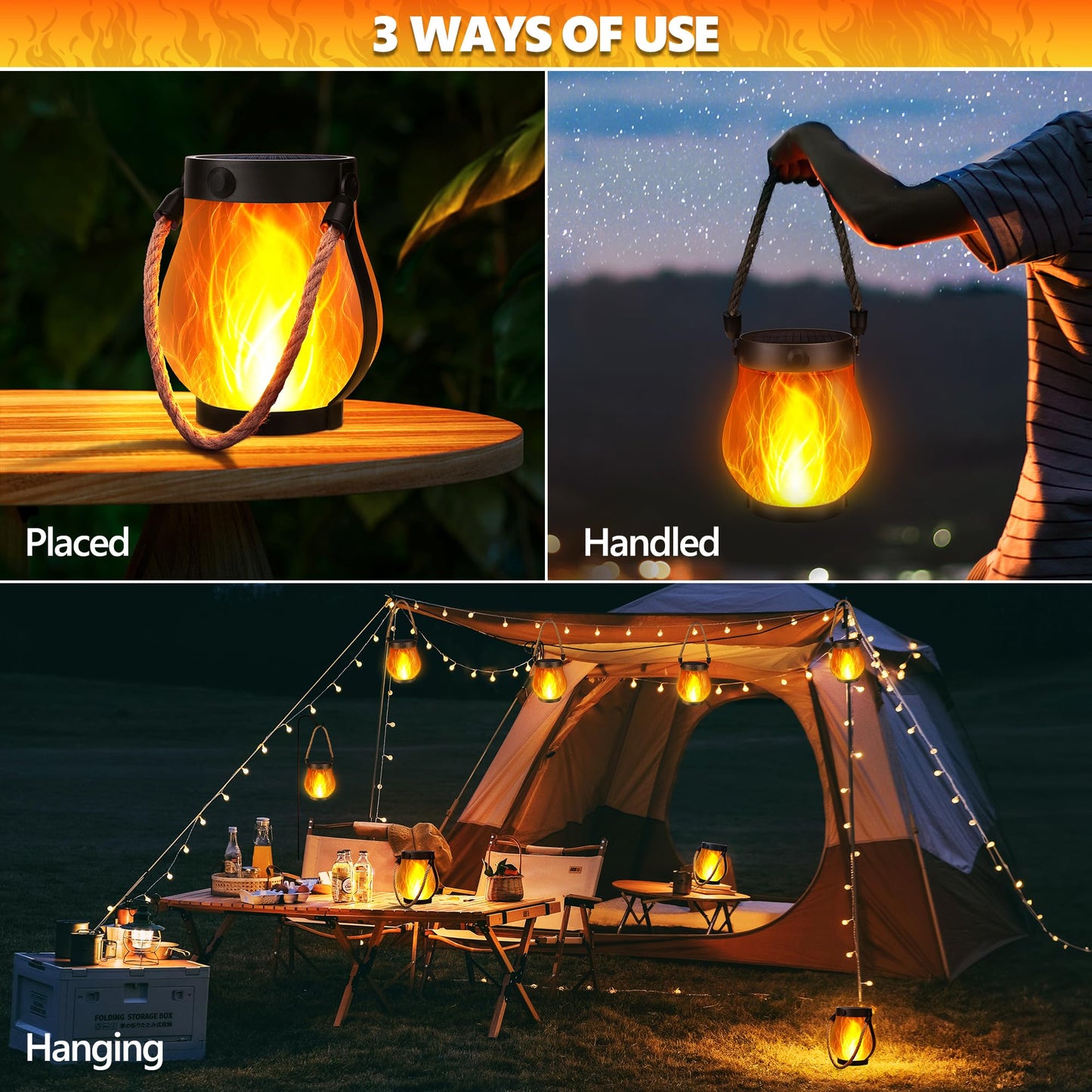 Jyoiat Solar Outdoor Lanterns Waterproof - 2 Pack Ultra-Real Flame Solar Lantern Lights with Dual Charging Modes (Solar/USB) for Garden Yard Patio Birthday Mothers Day Gifts (Warm White - 2 Pack)